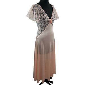 VINTAGE Val Mode Pink Sleep Dress Floral Sheer Lace Deep V-Neck Sz Small NEW